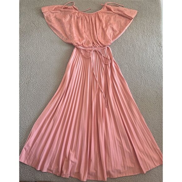 Vintage 70s Disco Shawl Maxi Dress Pleated Pink Duster Gown - Picture 1 of 11